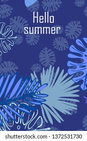 Leaves of tropical plants. Color summer postcard, summer vacation. Vector background.