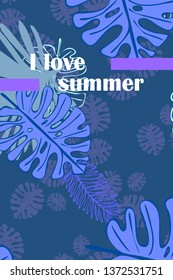 Leaves of tropical plants. Color summer postcard, summer vacation. Vector background.