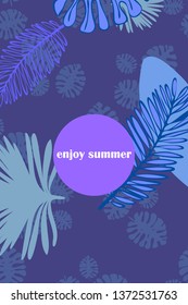 Leaves of tropical plants. Color summer postcard, summer vacation. Vector background.