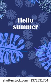 Leaves of tropical plants. Color summer postcard, summer vacation. Vector background.