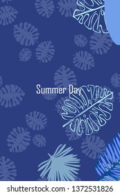 Leaves of tropical plants. Color summer postcard, summer vacation. Vector background.
