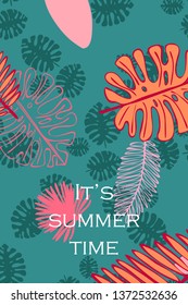 Leaves of tropical plants. Color summer postcard, summer vacation. Vector background.