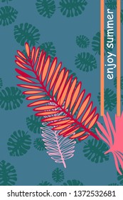 Leaves of tropical plants. Color summer postcard, summer vacation. Vector background.