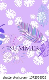 Leaves of tropical plants. Color summer postcard, summer vacation. Vector background.