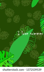 Leaves of tropical plants. Color summer postcard, summer vacation. Vector background.