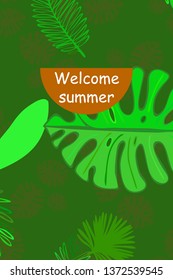 Leaves of tropical plants. Color summer postcard, summer vacation. Vector background.