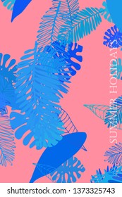 Leaves of tropical plants. Color summer postcard, summer vacation. Vector background.