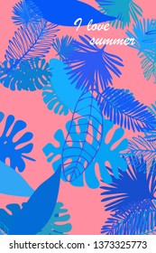 Leaves of tropical plants. Color summer postcard, summer vacation. Vector background.