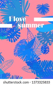 Leaves of tropical plants. Color summer postcard, summer vacation. Vector background.