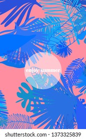 Leaves of tropical plants. Color summer postcard, summer vacation. Vector background.