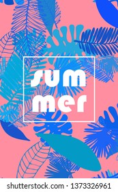 Leaves of tropical plants. Color summer postcard, summer vacation. Vector background.