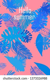 Leaves of tropical plants. Color summer postcard, summer vacation. Vector background.