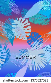 Leaves of tropical plants. Color summer postcard, summer vacation. Vector background.