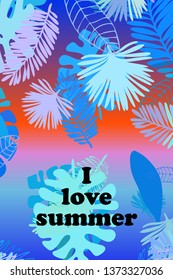 Leaves of tropical plants. Color summer postcard, summer vacation. Vector background.