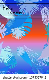 Leaves of tropical plants. Color summer postcard, summer vacation. Vector background.