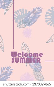 Leaves of tropical plants. Color summer postcard, summer vacation. Vector background.