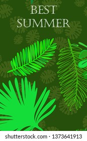 Leaves of tropical plants. Color summer postcard, summer vacation. Vector background.