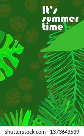 Leaves of tropical plants. Color summer postcard, summer vacation. Vector background.
