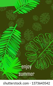 Leaves of tropical plants. Color summer postcard, summer vacation. Vector background.