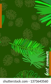 Leaves of tropical plants. Color summer postcard, summer vacation. Vector background.