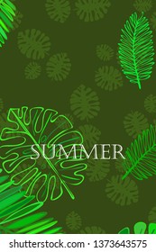 Leaves of tropical plants. Color summer postcard, summer vacation. Vector background.