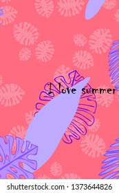 Leaves of tropical plants. Color summer postcard, summer vacation. Vector background.