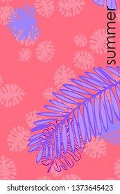 Leaves of tropical plants. Color summer postcard, summer vacation. Vector background.