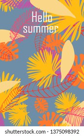 Leaves of tropical plants. Color summer postcard, summer vacation. Vector background.