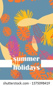 Leaves of tropical plants. Color summer postcard, summer vacation. Vector background.