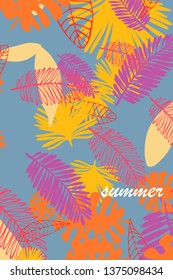 Leaves of tropical plants. Color summer postcard, summer vacation. Vector background.