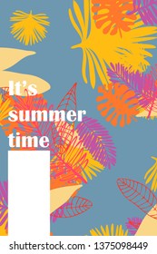 Leaves of tropical plants. Color summer postcard, summer vacation. Vector background.