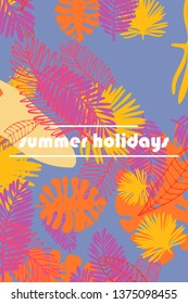 Leaves of tropical plants. Color summer postcard, summer vacation. Vector background.