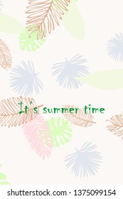 Leaves of tropical plants. Color summer postcard, summer vacation. Vector background.