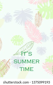 Leaves of tropical plants. Color summer postcard, summer vacation. Vector background.