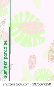 Leaves of tropical plants. Color summer postcard, summer vacation. Vector background.