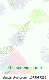 Leaves of tropical plants. Color summer postcard, summer vacation. Vector background.