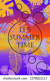 Leaves of tropical plants. Color summer postcard, summer vacation. Vector background.