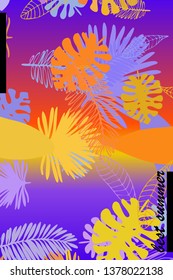 Leaves of tropical plants. Color summer postcard, summer vacation. Vector background.