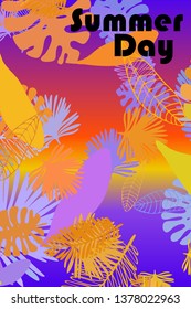 Leaves of tropical plants. Color summer postcard, summer vacation. Vector background.