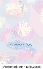 Leaves of tropical plants. Color summer postcard, summer vacation. Vector background.