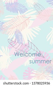 Leaves of tropical plants. Color summer postcard, summer vacation. Vector background.