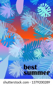 Leaves of tropical plants. Color summer postcard, summer vacation. Vector background.
