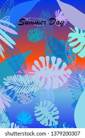 Leaves of tropical plants. Color summer postcard, summer vacation. Vector background.