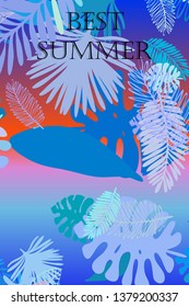 Leaves of tropical plants. Color summer postcard, summer vacation. Vector background.