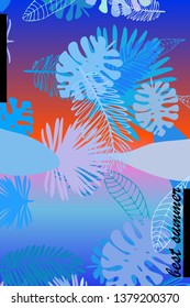 Leaves of tropical plants. Color summer postcard, summer vacation. Vector background.