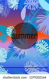 Leaves of tropical plants. Color summer postcard, summer vacation. Vector background.