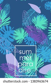 Leaves of tropical plants. Color summer postcard, summer vacation. Vector background.