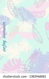 Leaves of tropical plants. Color summer postcard, summer vacation. Vector background.