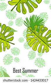 Leaves of tropical plants. Color summer postcard, summer vacation. Vector background.
