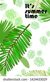 Leaves of tropical plants. Color summer postcard, summer vacation. Vector background.
